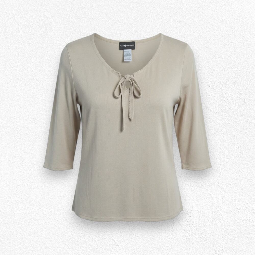 Y2K Sag Harbor Pebble Beige 3/4 Sleeve Tie Front Keyhole Knit Top Size Large